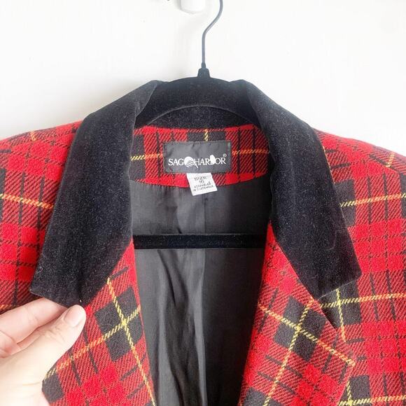 Saag Harbor Vintage Schoolboy Wool Blend Plaid Blazer Velvet Collar 16 Academia - Picture 2 of 13
